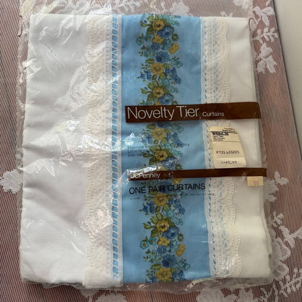 JCPenney Novelty Tier Curtains Home 68x36 Blue Floral NEW Vintage Lace Trim